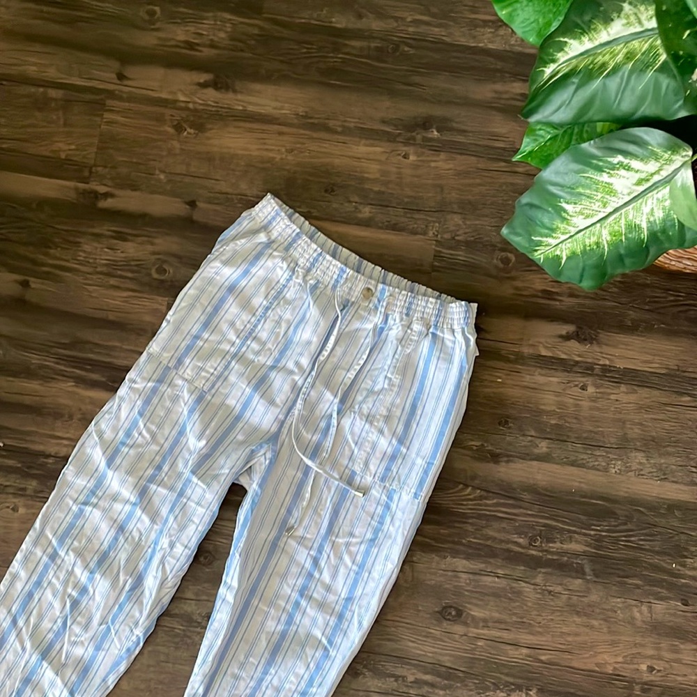 DEREK HEART Linen Blue & White Striped Beach Pants—Size L